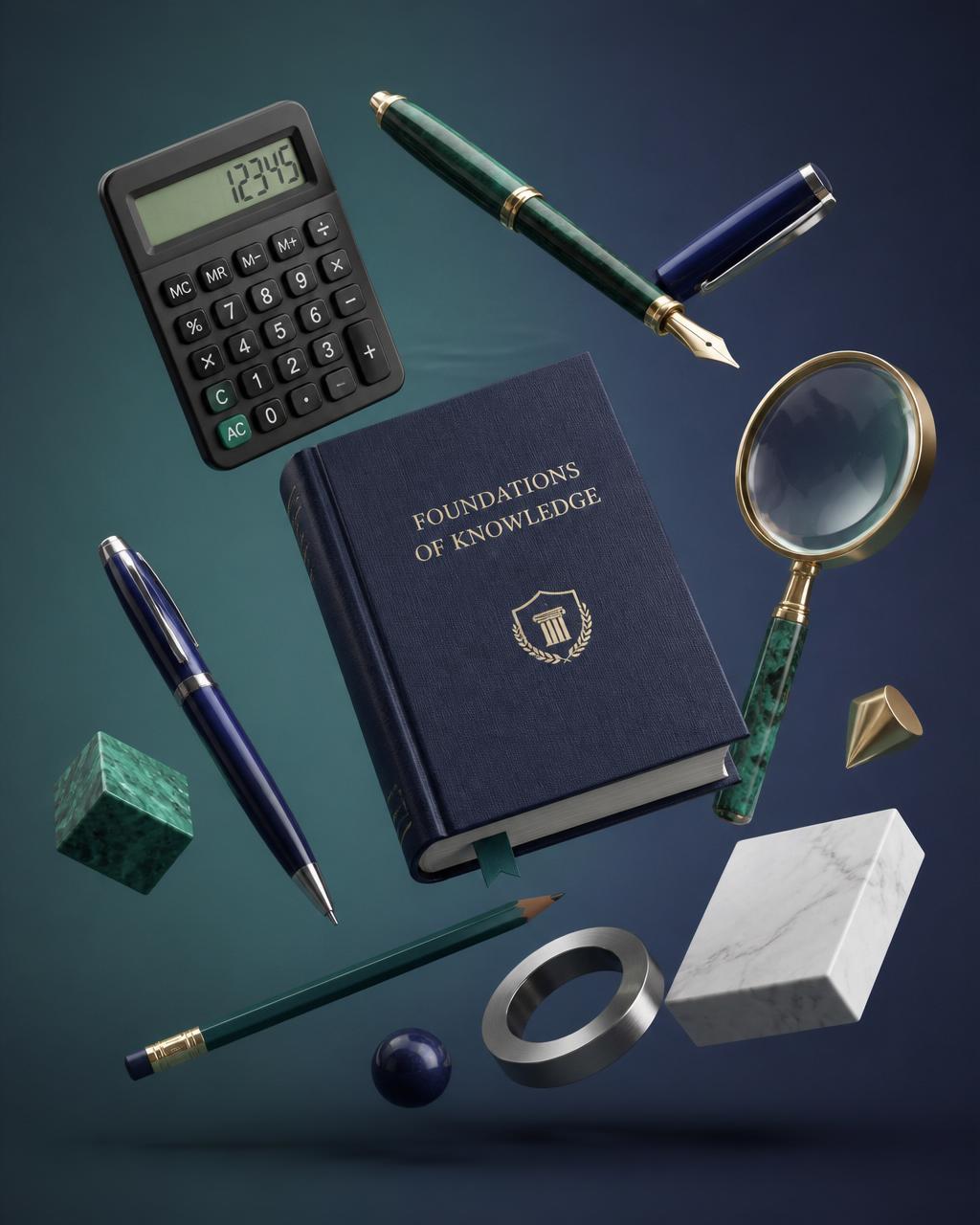 Academic tools, calculator, pens, textbook and magnifying glass